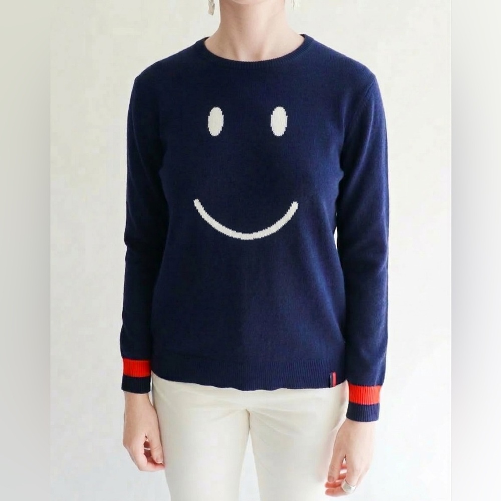 Revolve‎ | KULE The Smiley 100% Cashmere Sweater Navy Blue Orange Cuffs Size S